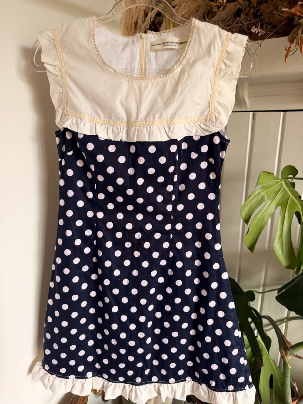 Navy Polka Dot Ruffle Kids Dress with Cream Yoke